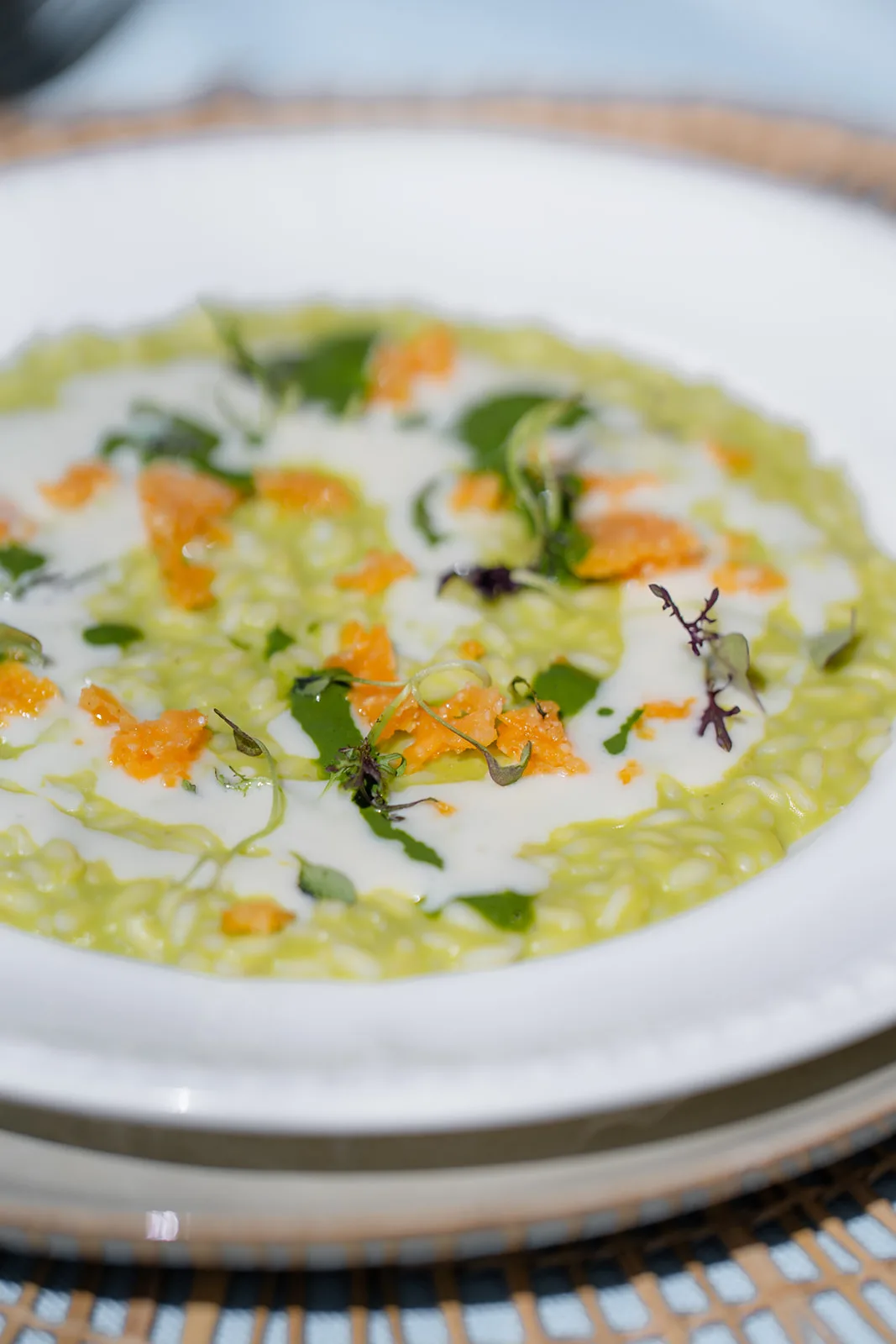 Risotto verde decorato con carote e germogli nel piatto