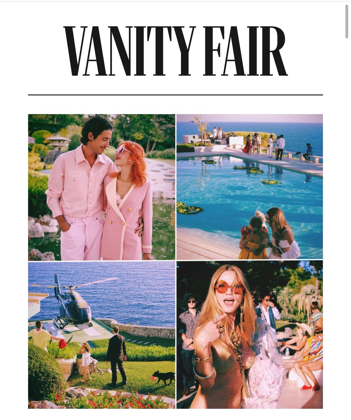 collage di momenti dell'evento tra giardino, piscina e vista mare al tramonto